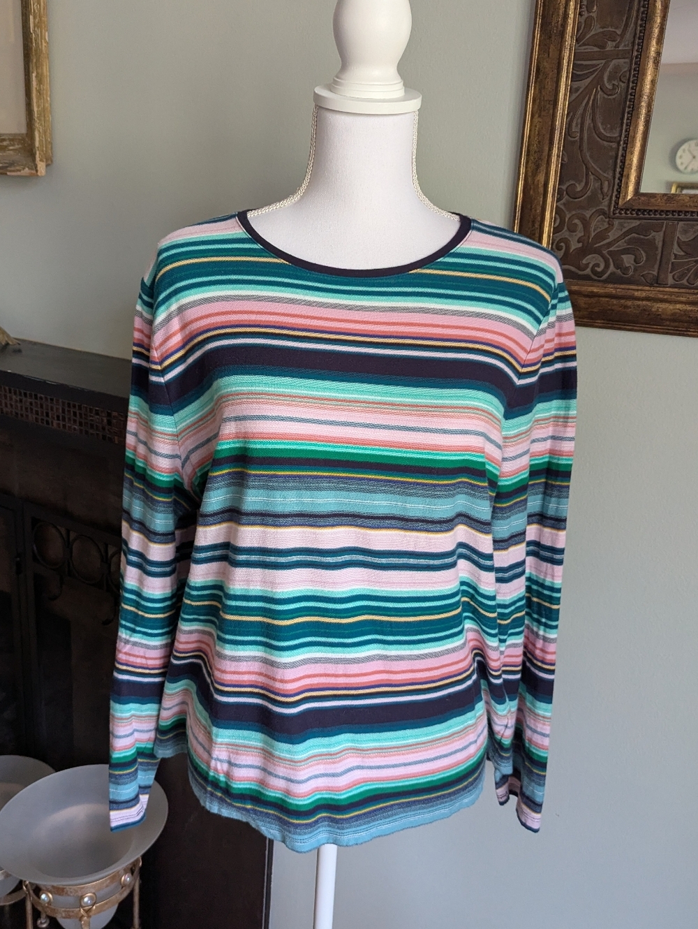 Talbots Women's XL Multi Striped Textured Knit Long Sleeve Stretch Pullover Tee